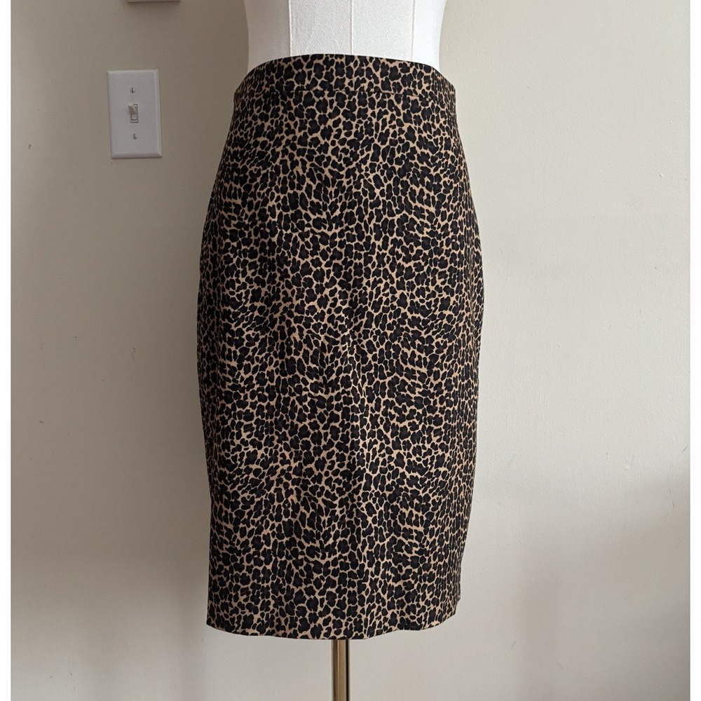 J Crew Pencil Skirt Womens 00 XS Leopard Animal Print Neutral Chic Cotton